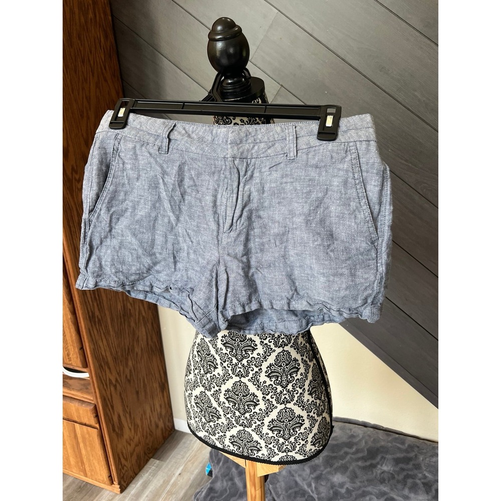 Khakis By Gap 8 Women Linen/Cotton Chambray Blue/White Shorts Cuffed Mid Rise